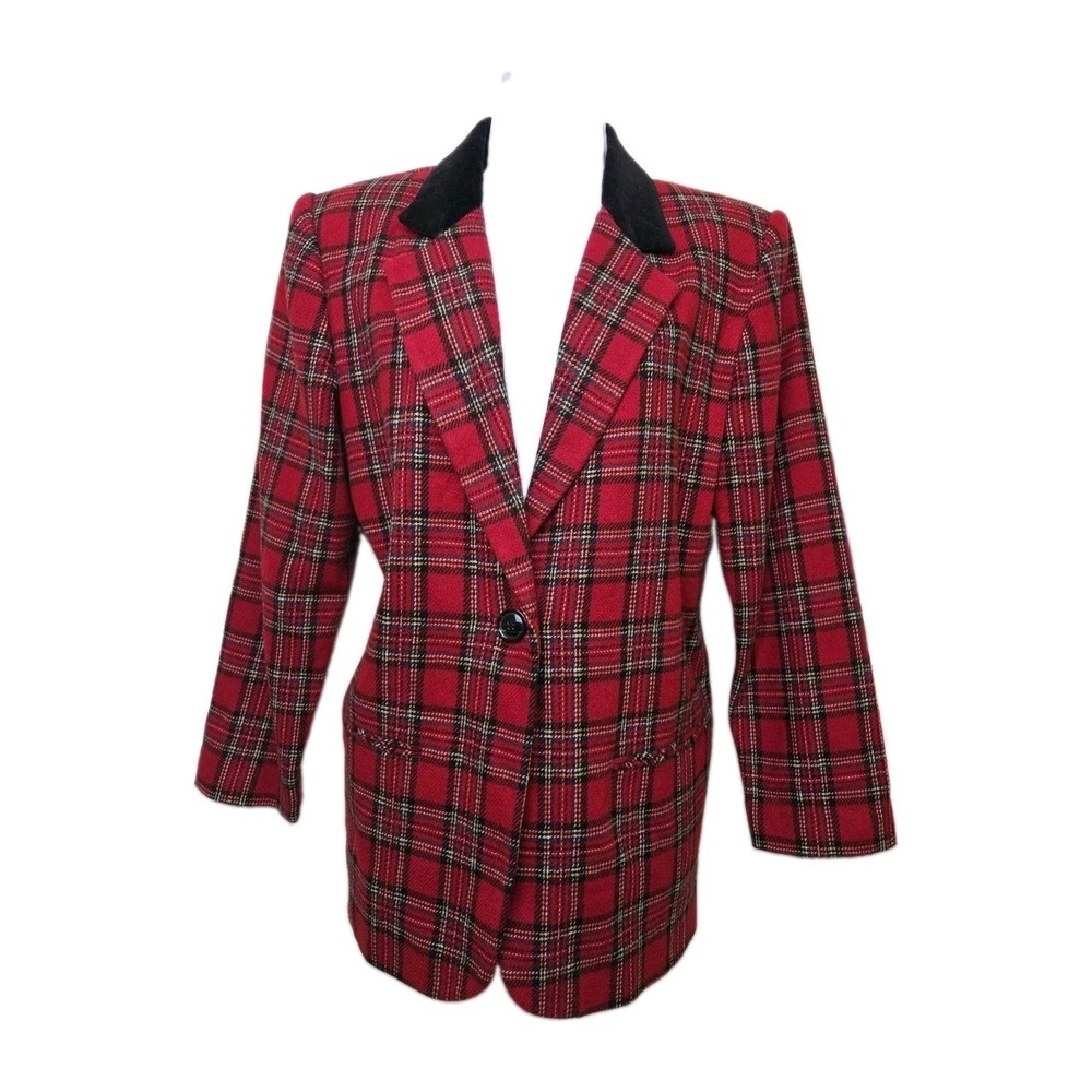Vtg 1990s Equestrian Heritage Blazer Red Plaid Wool Velvet Lapels Size 10